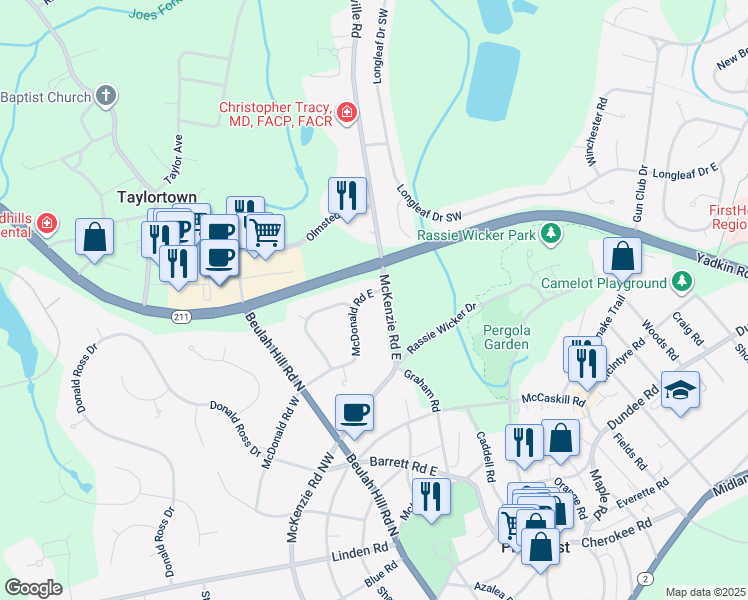map of restaurants, bars, coffee shops, grocery stores, and more near 185 McKenzie Road East in Pinehurst