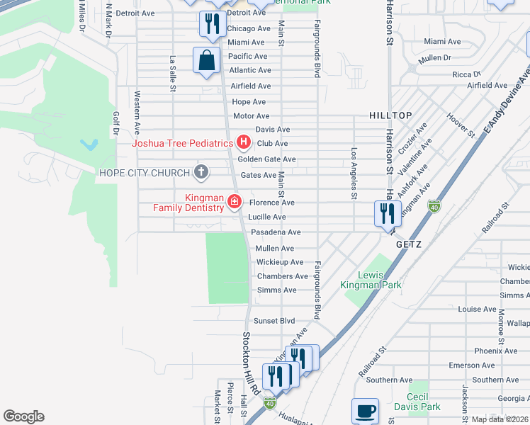 map of restaurants, bars, coffee shops, grocery stores, and more near 1916 Lucille Avenue in Kingman