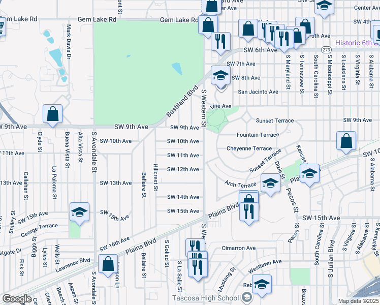 map of restaurants, bars, coffee shops, grocery stores, and more near 4218 South West 11th Avenue in Amarillo