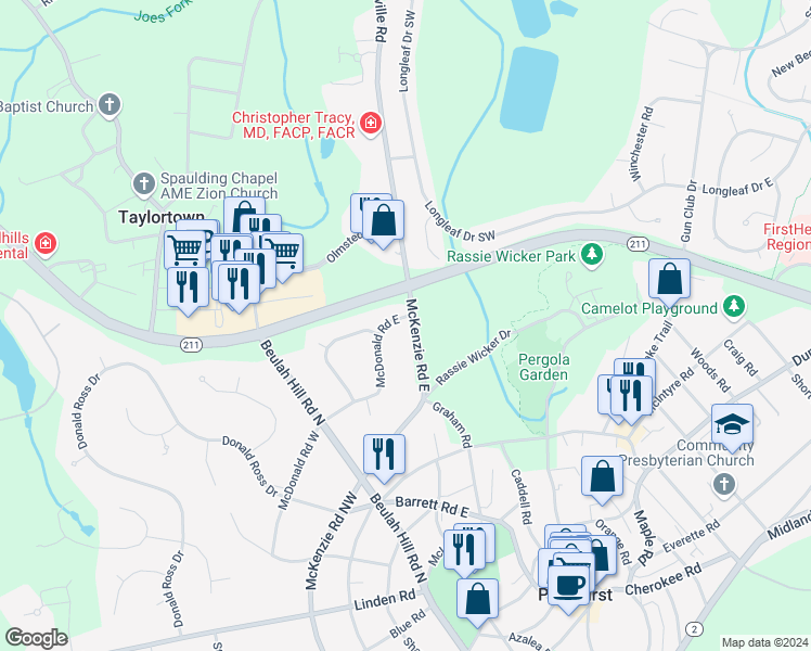 map of restaurants, bars, coffee shops, grocery stores, and more near 185 McKenzie Road East in Pinehurst