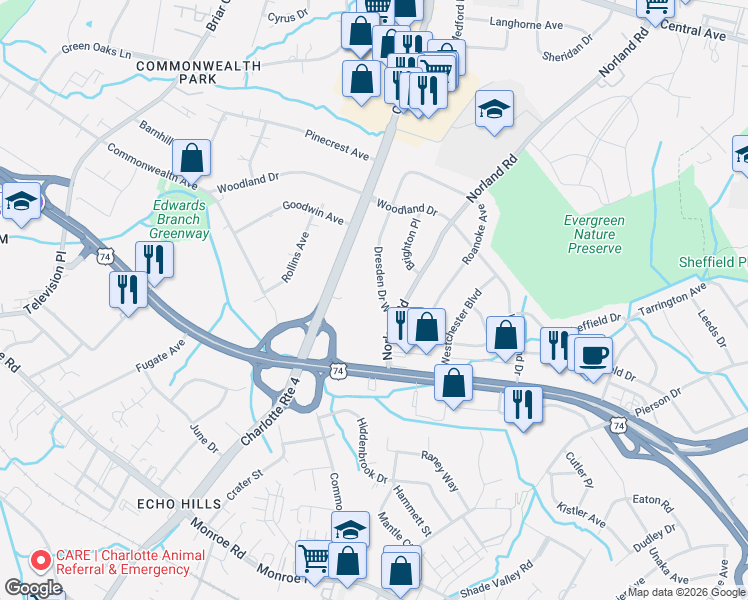 map of restaurants, bars, coffee shops, grocery stores, and more near 949 Norland Road in Charlotte