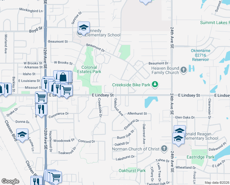 map of restaurants, bars, coffee shops, grocery stores, and more near 1813 Lindsey Street in Norman