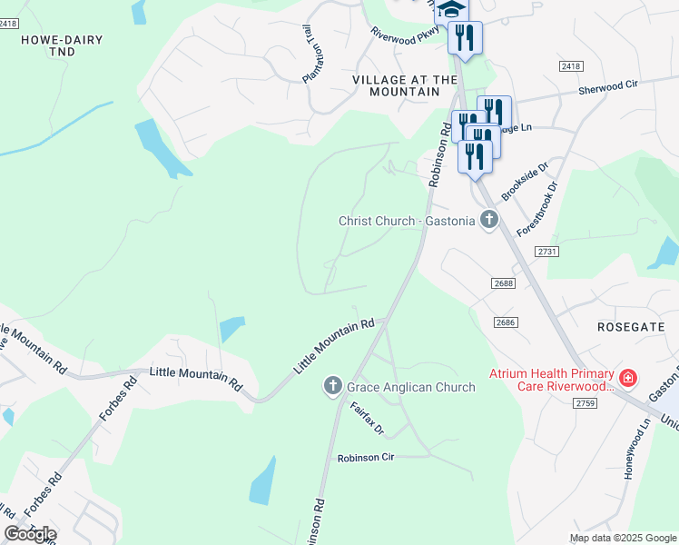 map of restaurants, bars, coffee shops, grocery stores, and more near 411 Eagles Walk in Gastonia
