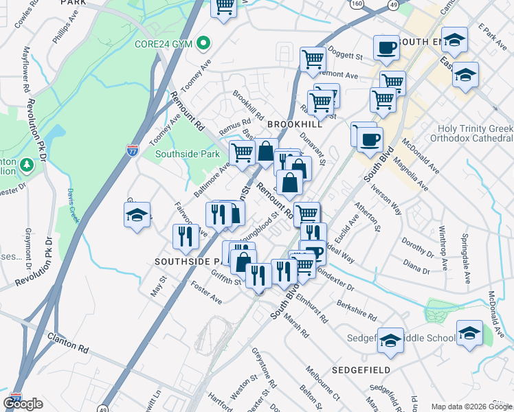 map of restaurants, bars, coffee shops, grocery stores, and more near in Charlotte