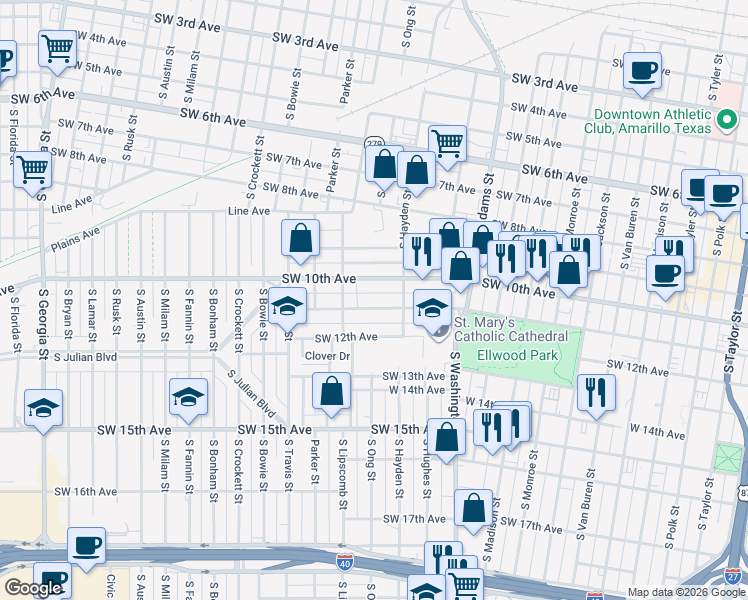 map of restaurants, bars, coffee shops, grocery stores, and more near 1207 Southwest 11th Avenue in Amarillo
