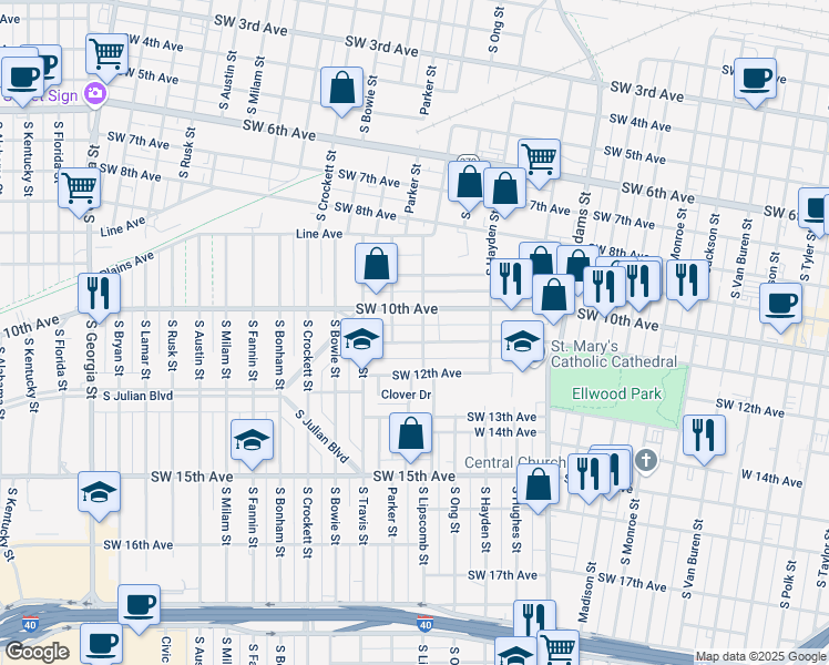 map of restaurants, bars, coffee shops, grocery stores, and more near 1411 Southwest 11th Avenue in Amarillo