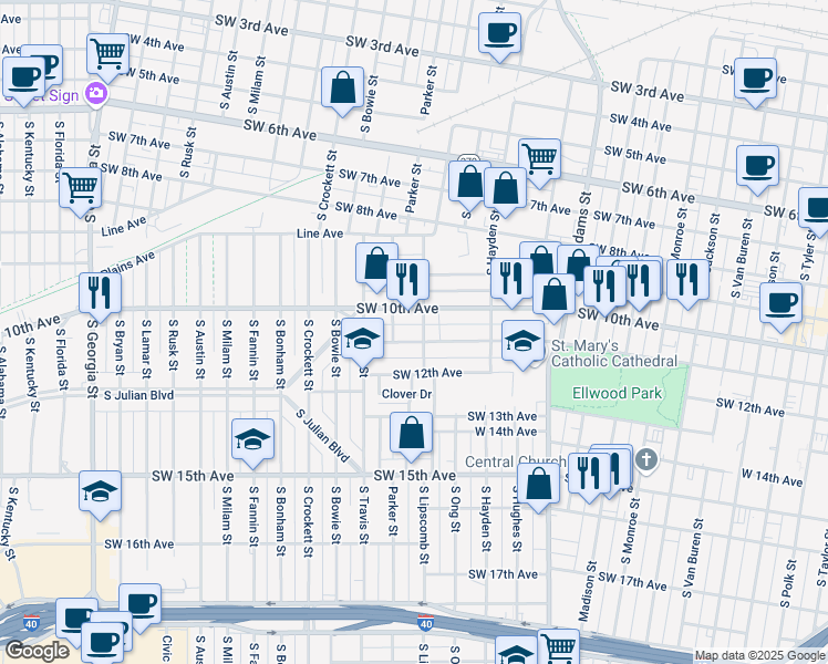 map of restaurants, bars, coffee shops, grocery stores, and more near 1411 Southwest 11th Avenue in Amarillo