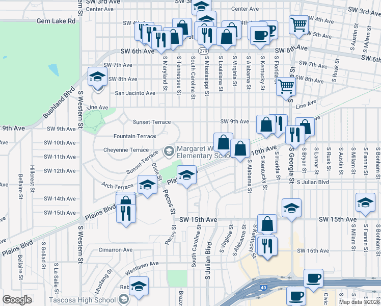 map of restaurants, bars, coffee shops, grocery stores, and more near 1025 Kansas St in Amarillo