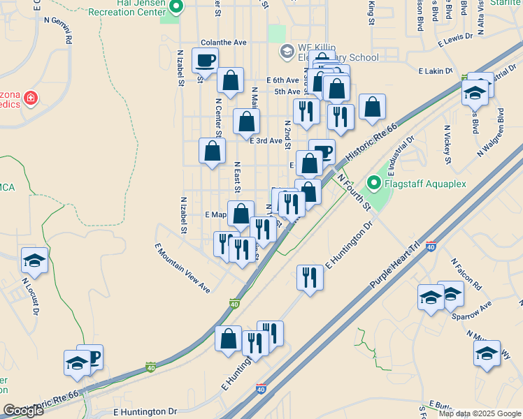 map of restaurants, bars, coffee shops, grocery stores, and more near 1621 North Main Street in Flagstaff