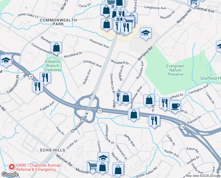 map of restaurants, bars, coffee shops, grocery stores, and more near 949 Norland Road in Charlotte