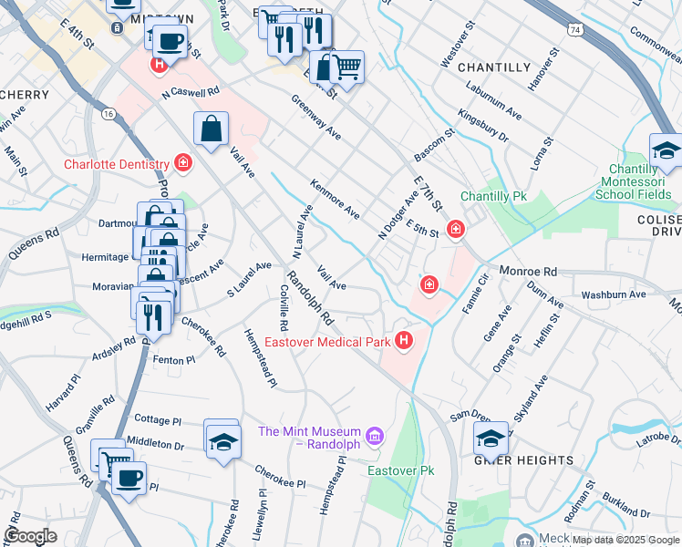 map of restaurants, bars, coffee shops, grocery stores, and more near 2520 Vail Avenue in Charlotte