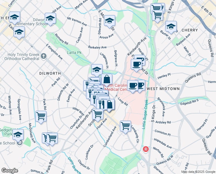 map of restaurants, bars, coffee shops, grocery stores, and more near 1525 Kenilworth Avenue in Charlotte