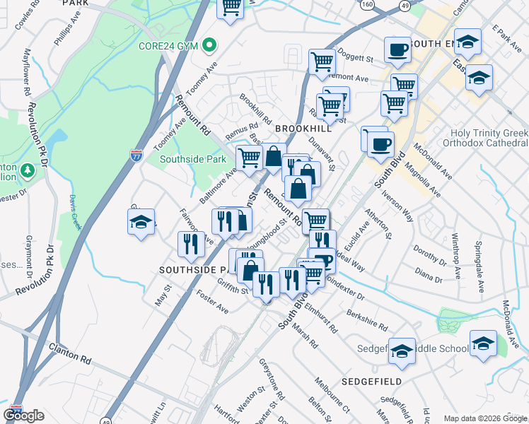 map of restaurants, bars, coffee shops, grocery stores, and more near in Charlotte