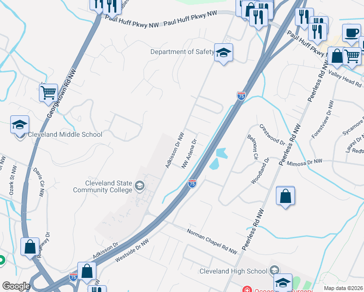 map of restaurants, bars, coffee shops, grocery stores, and more near 3530 Adkisson Drive Northwest in Cleveland