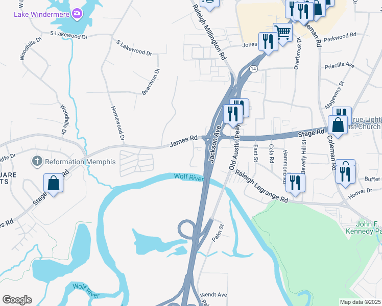 map of restaurants, bars, coffee shops, grocery stores, and more near 2840 Coach Drive in Memphis