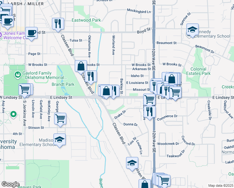 map of restaurants, bars, coffee shops, grocery stores, and more near 900 East Lindsey Street in Norman