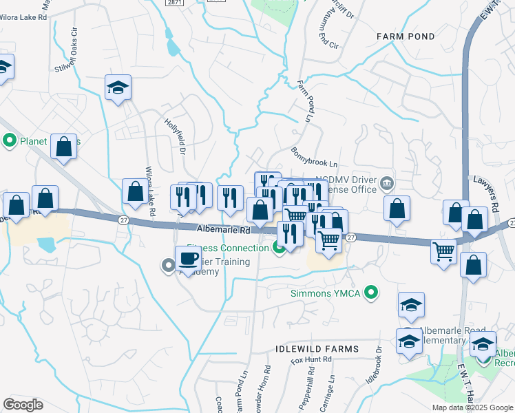 map of restaurants, bars, coffee shops, grocery stores, and more near 5616 Farm Pond Lane in Charlotte