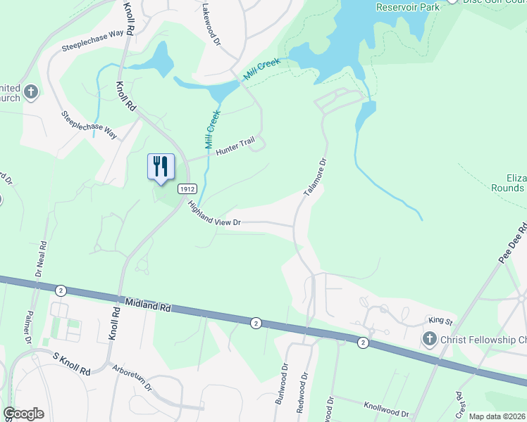 map of restaurants, bars, coffee shops, grocery stores, and more near 43 Highland View Drive in Southern Pines