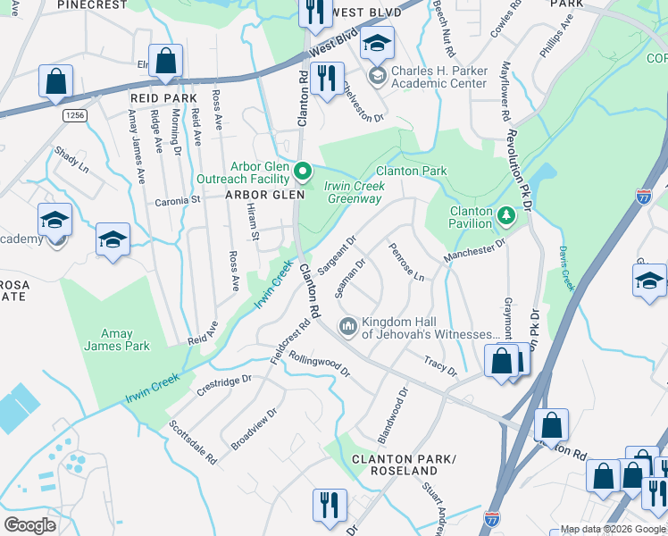map of restaurants, bars, coffee shops, grocery stores, and more near 3714 Seaman Drive in Charlotte