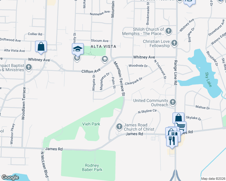 map of restaurants, bars, coffee shops, grocery stores, and more near 2365 Rosehaven Avenue in Memphis
