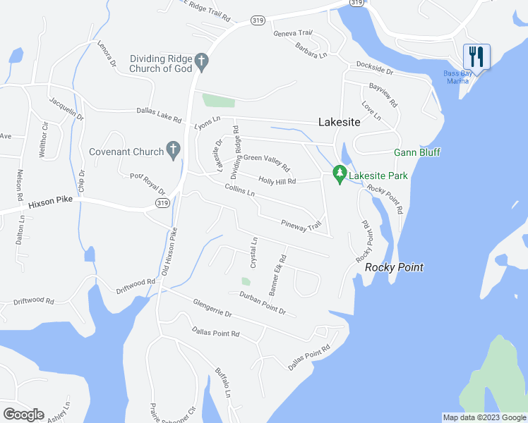 map of restaurants, bars, coffee shops, grocery stores, and more near 2313 Pineway Trail in Lakesite