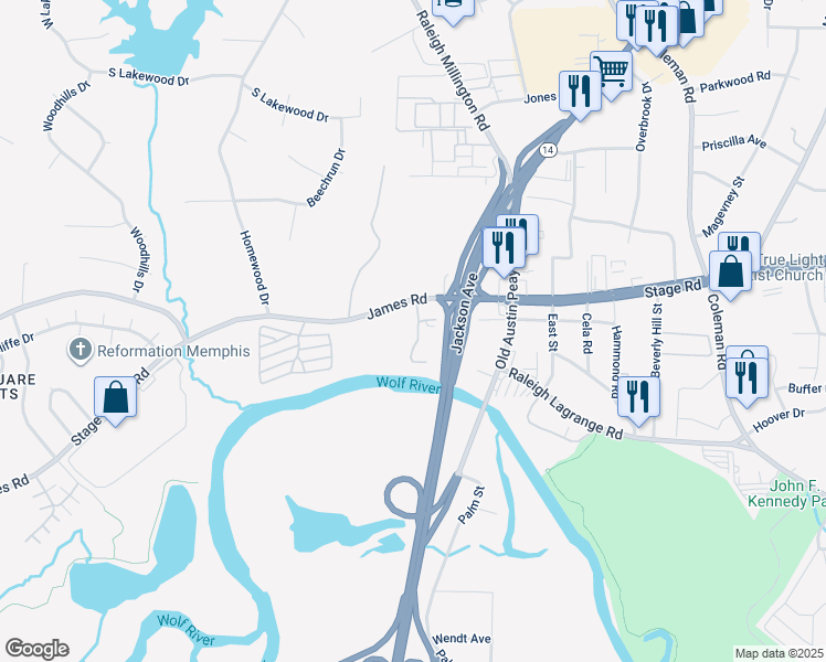 map of restaurants, bars, coffee shops, grocery stores, and more near 2840 Coach Drive in Memphis