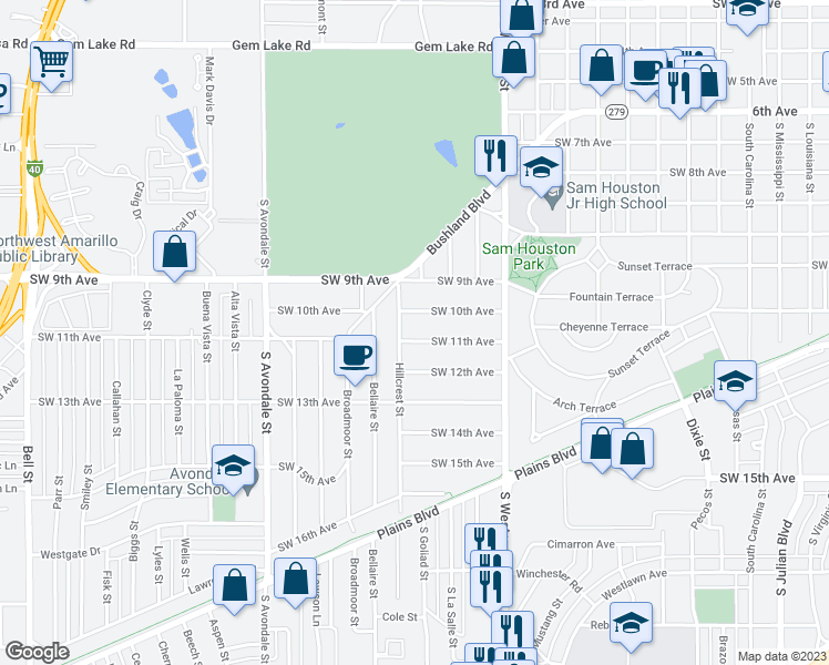 map of restaurants, bars, coffee shops, grocery stores, and more near 4246 Southwest 11th Avenue in Amarillo