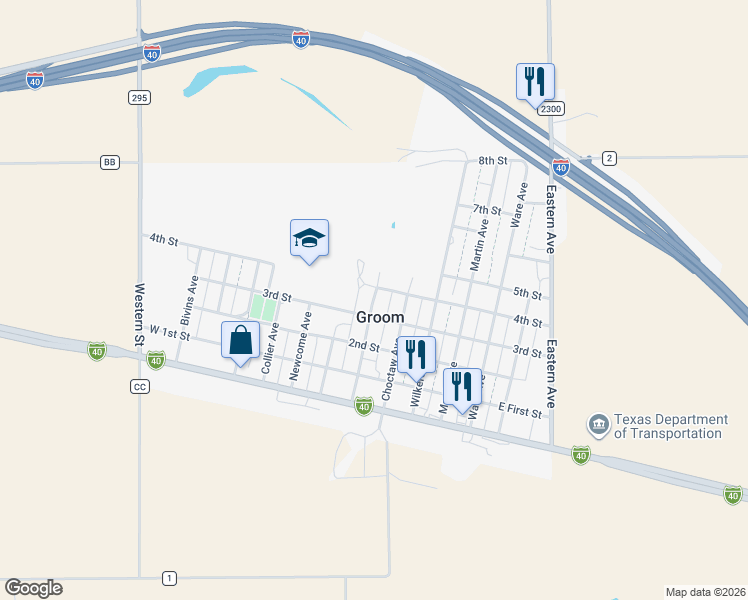 map of restaurants, bars, coffee shops, grocery stores, and more near 85 Broadway Avenue in Groom