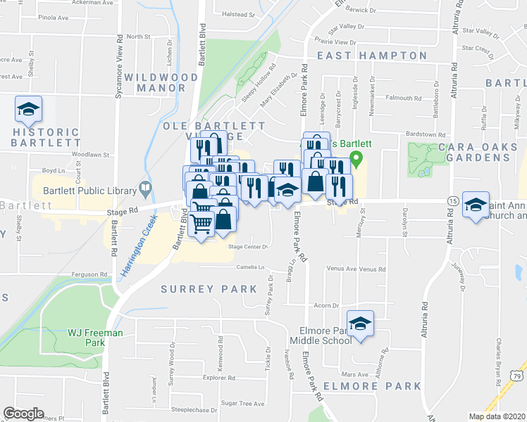 map of restaurants, bars, coffee shops, grocery stores, and more near 6132 Stage Road in Bartlett