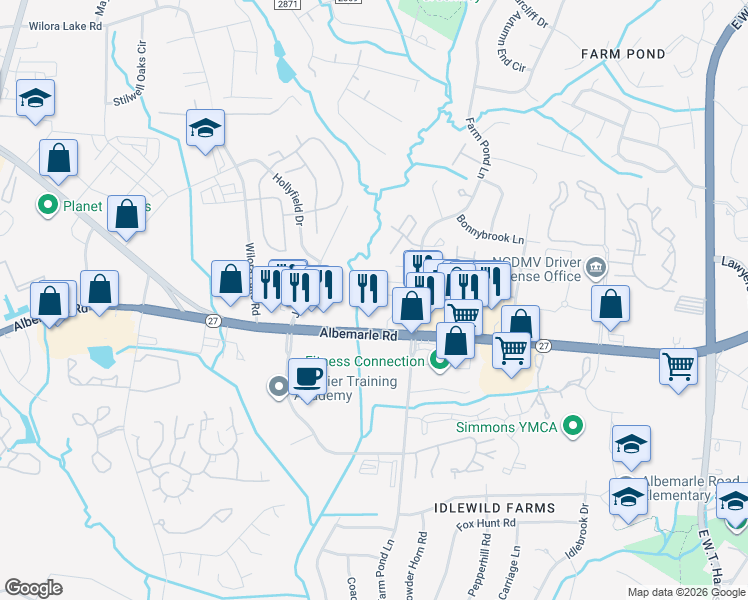 map of restaurants, bars, coffee shops, grocery stores, and more near 5612 Farm Pond Lane in Charlotte