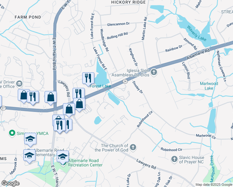 map of restaurants, bars, coffee shops, grocery stores, and more near 5708 Copper Creek Court in Charlotte