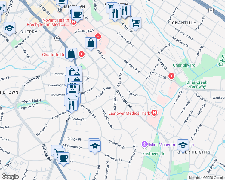 map of restaurants, bars, coffee shops, grocery stores, and more near 2333 Randolph Road in Charlotte