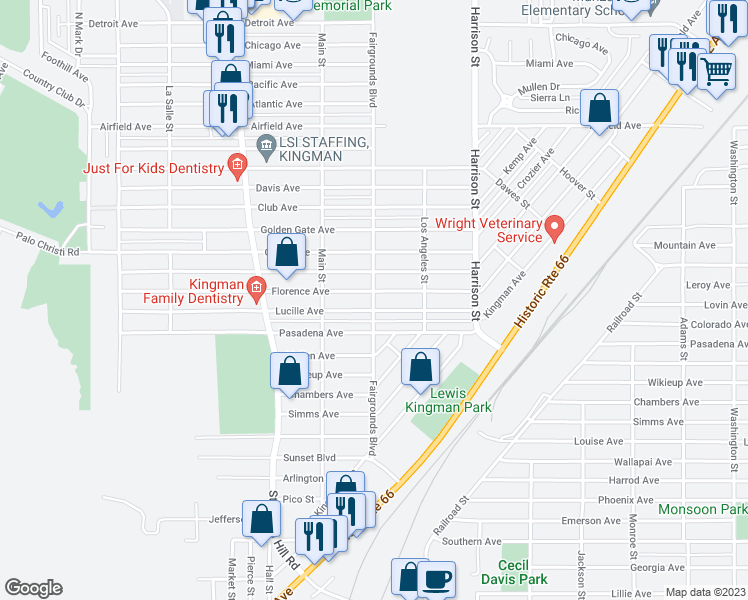 map of restaurants, bars, coffee shops, grocery stores, and more near 1812 Fairgrounds Avenue in Kingman