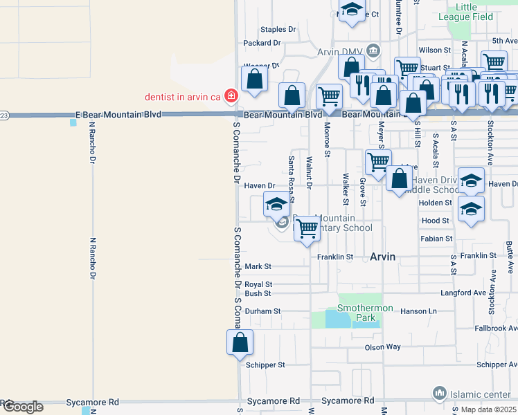 map of restaurants, bars, coffee shops, grocery stores, and more near 1411 Haven Drive in Arvin