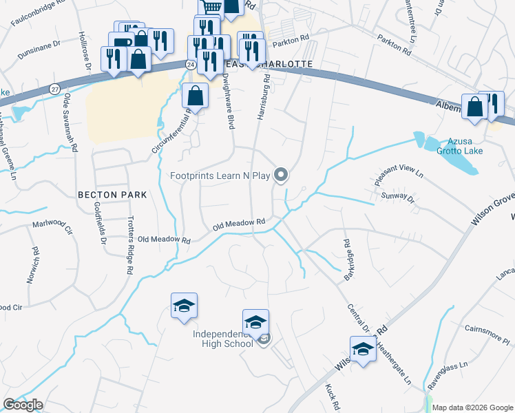 map of restaurants, bars, coffee shops, grocery stores, and more near 6413 Harrisburg Road in Charlotte