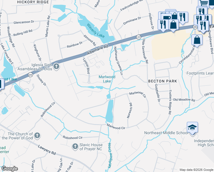 map of restaurants, bars, coffee shops, grocery stores, and more near 8136 Sherington Way in Charlotte