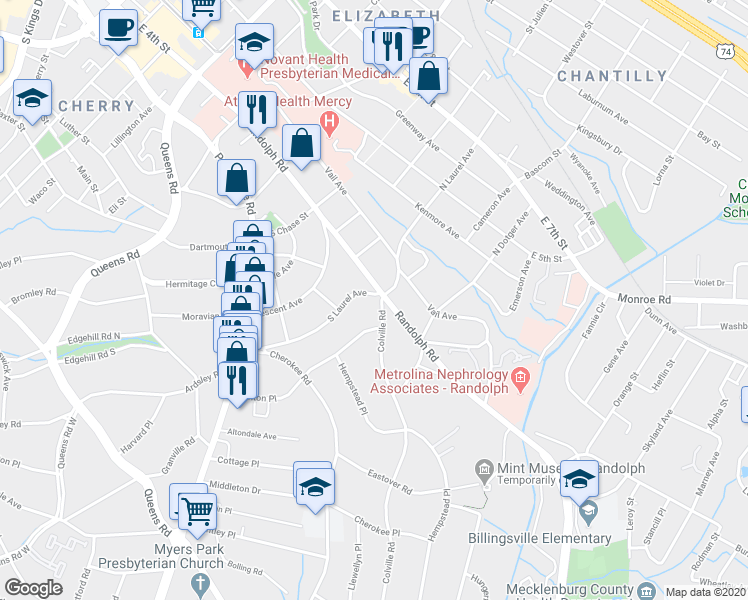 map of restaurants, bars, coffee shops, grocery stores, and more near in Charlotte