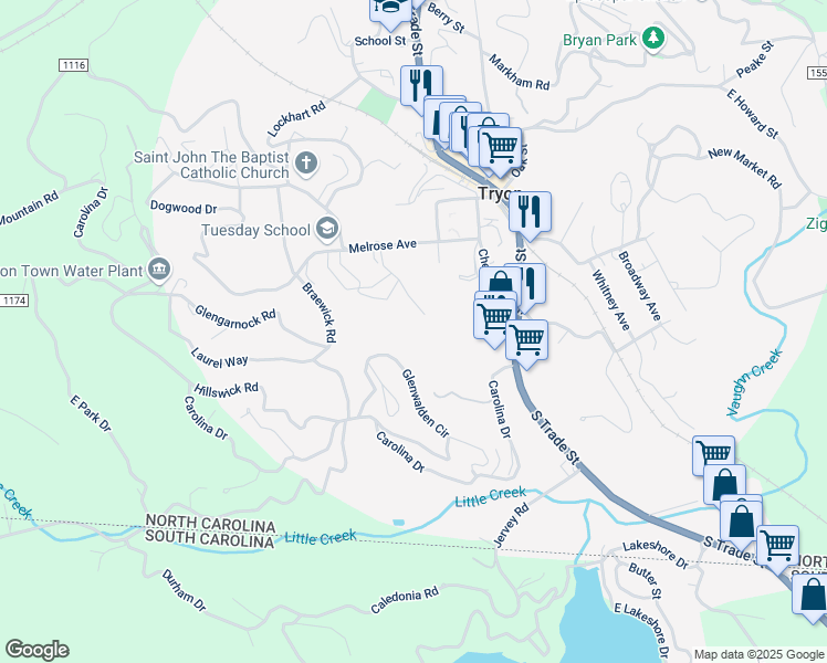 map of restaurants, bars, coffee shops, grocery stores, and more near 180 Melrose Circle in Tryon
