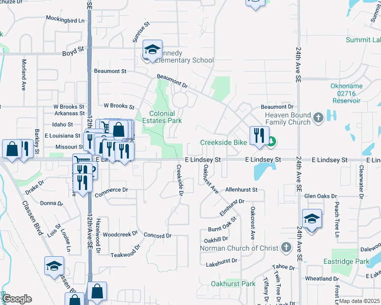 map of restaurants, bars, coffee shops, grocery stores, and more near 1723 East Lindsey Street in Norman