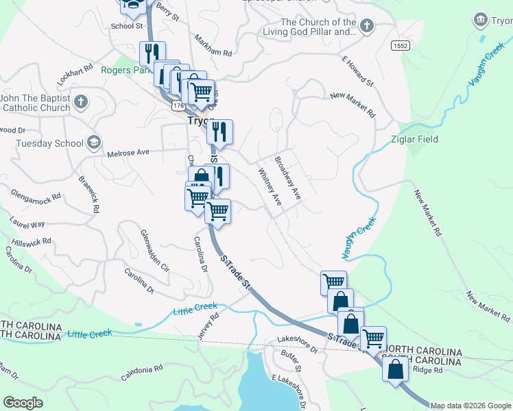 map of restaurants, bars, coffee shops, grocery stores, and more near 100 Whitney Avenue in Tryon