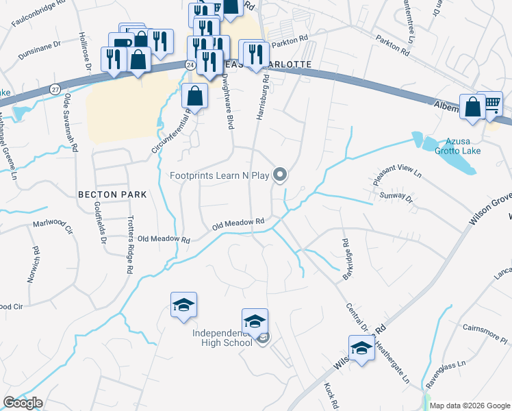 map of restaurants, bars, coffee shops, grocery stores, and more near 6413 Harrisburg Road in Charlotte