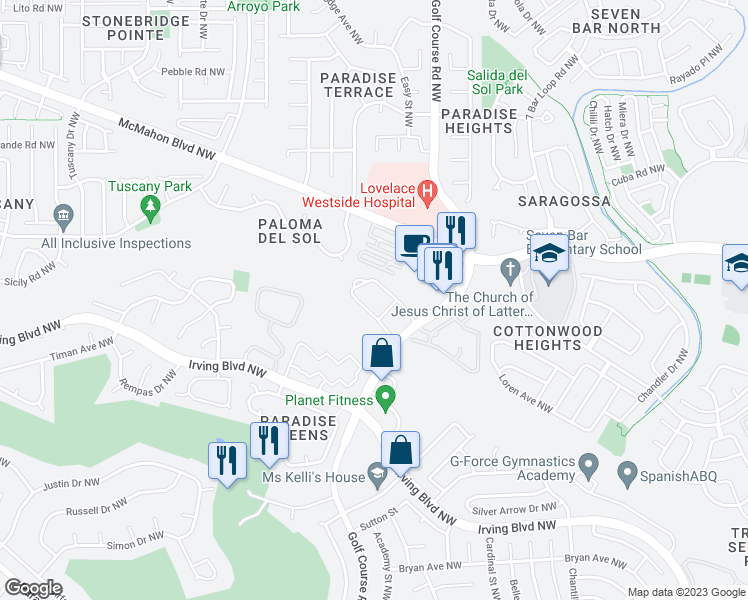 map of restaurants, bars, coffee shops, grocery stores, and more near 10301 Golf Course Road Northwest in Albuquerque