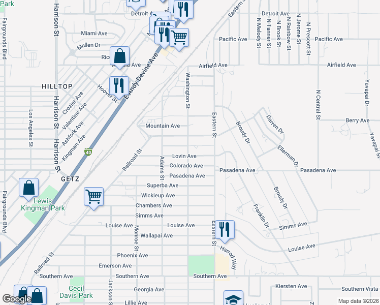 map of restaurants, bars, coffee shops, grocery stores, and more near 2803 Lovin Avenue in Kingman