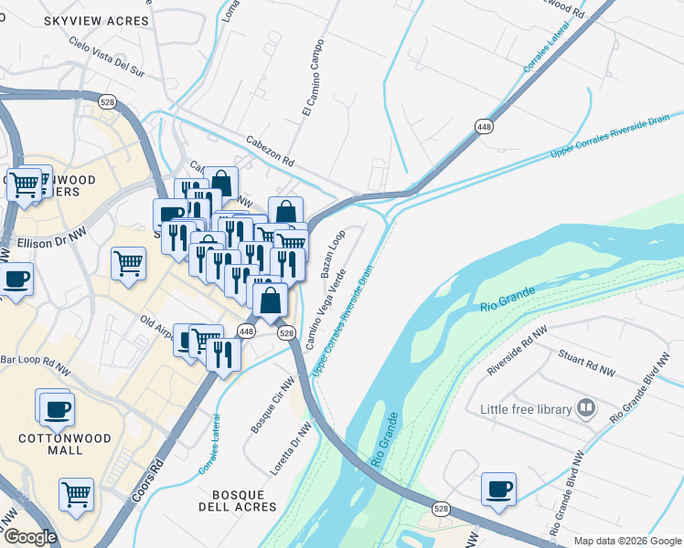 map of restaurants, bars, coffee shops, grocery stores, and more near 260 Bazan Loop in Corrales