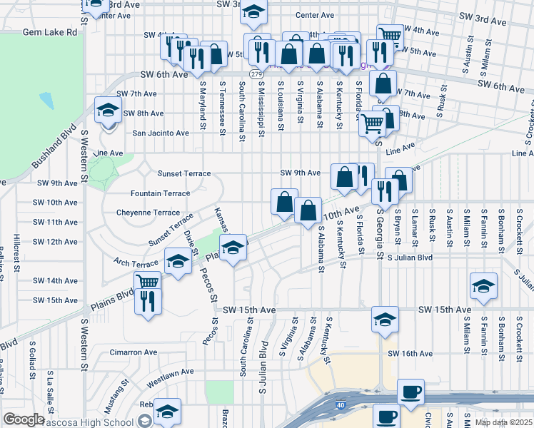 map of restaurants, bars, coffee shops, grocery stores, and more near 3200 Southwest 10th Avenue in Amarillo
