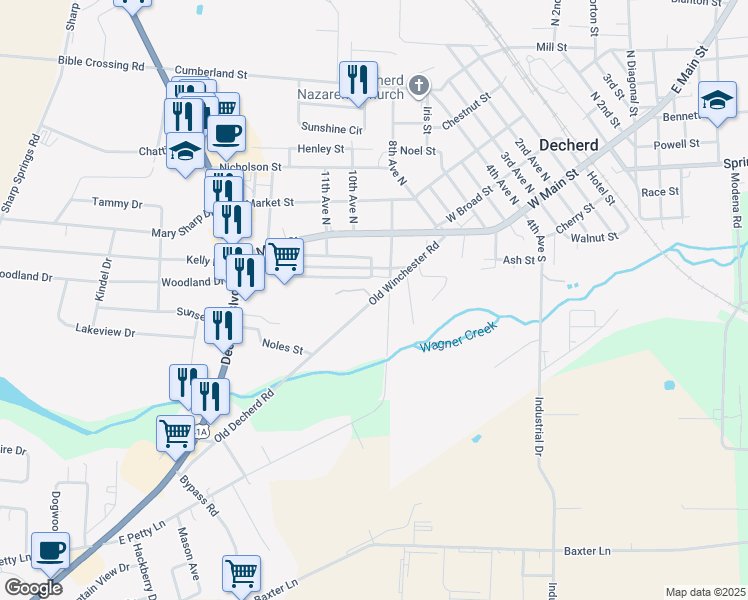 map of restaurants, bars, coffee shops, grocery stores, and more near 327 Old Winchester Road in Decherd