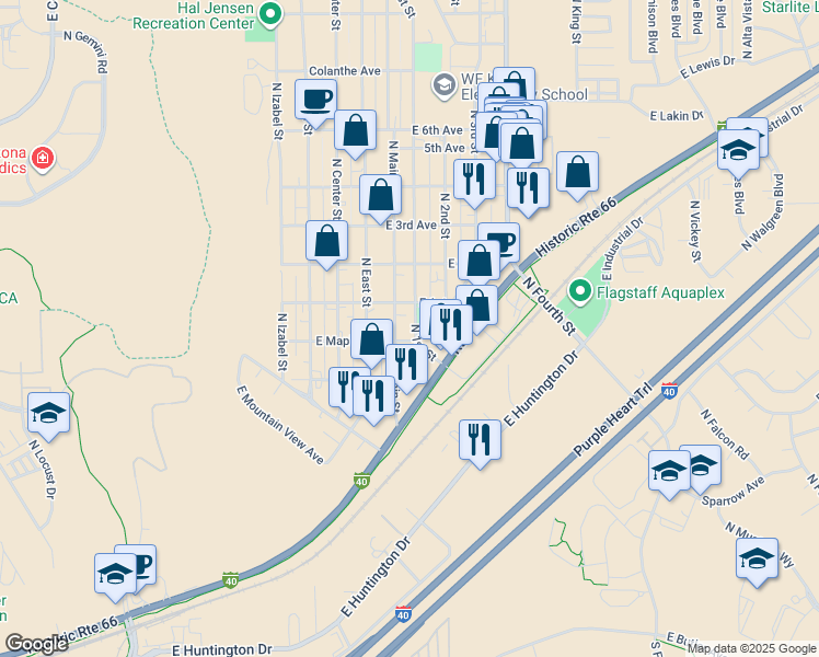 map of restaurants, bars, coffee shops, grocery stores, and more near 1729 North Main Street in Flagstaff