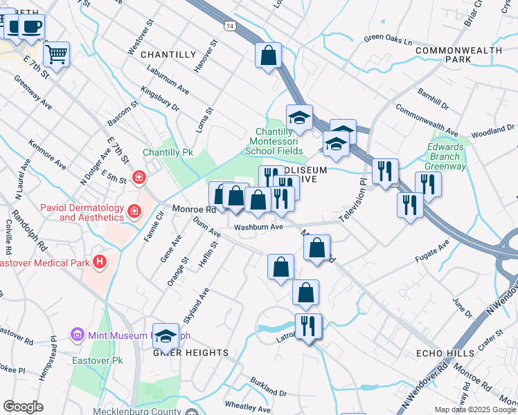 map of restaurants, bars, coffee shops, grocery stores, and more near 3111 Monroe Road in Charlotte