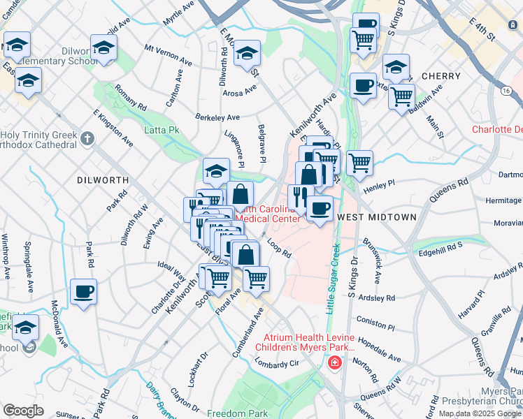 map of restaurants, bars, coffee shops, grocery stores, and more near 1425 Waverly Avenue in Charlotte