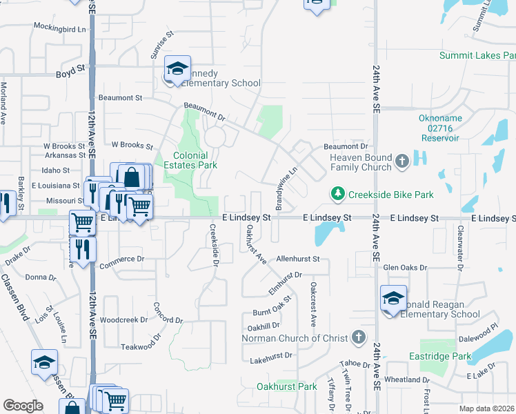 map of restaurants, bars, coffee shops, grocery stores, and more near 1104-UNIT Brandywine Lane in Norman
